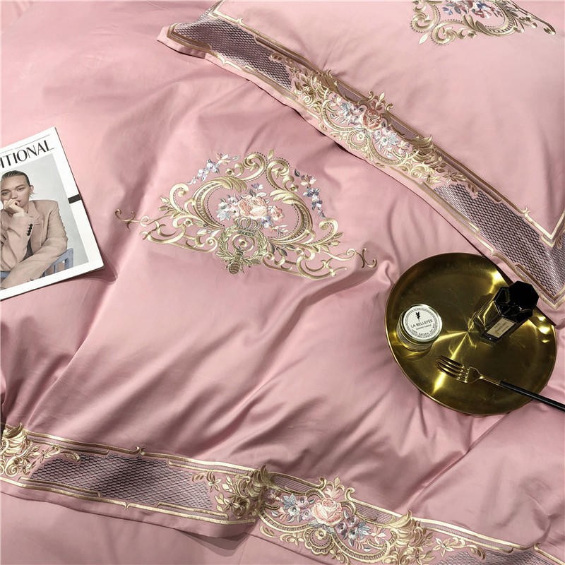 Luxury bedroom setting with pink Louis Duvet Cover Set (Egyptian Cotton 1000TC), ornate design, and elegant decor accents.