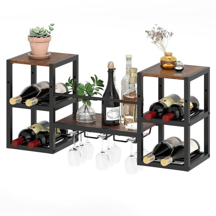 Industrial Wood Metal Wall Mounted Wine Rack Shelf with Glass Holders, holds 8 bottles and 9 glasses, rustic brown finish.