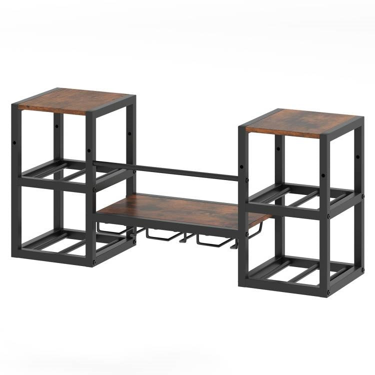 Industrial Wood Metal Wall Mounted Wine Rack Shelf with Glass Holders featuring bottle and glass storage with open shelves.