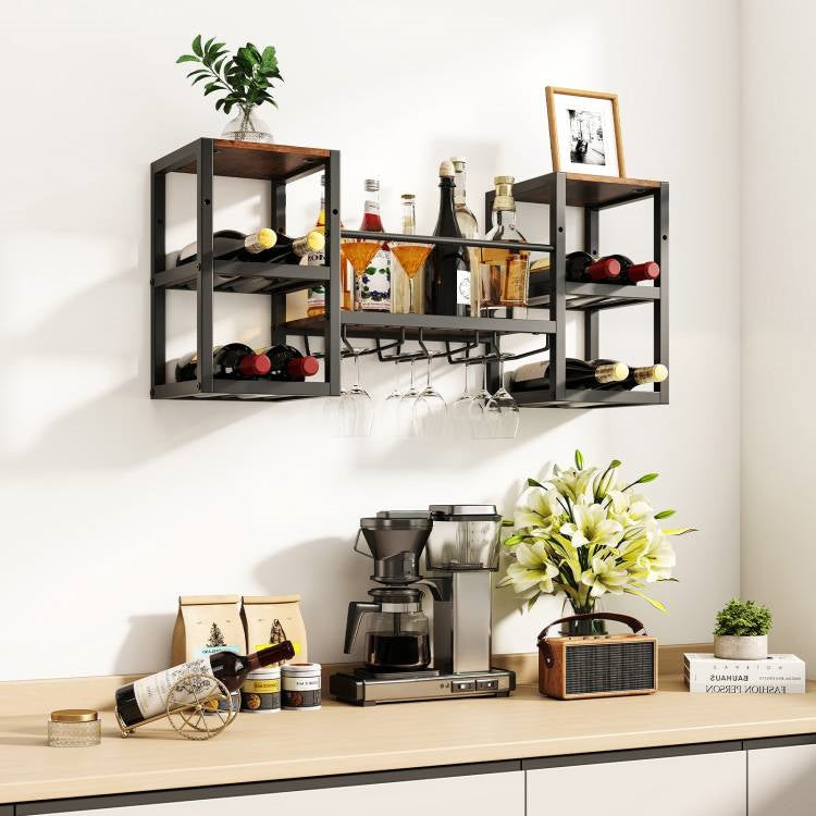Industrial Wood Metal Wall Mounted Wine Rack Shelf with Glass Holders for 8 bottles and 9 glasses, mounted on a kitchen wall.