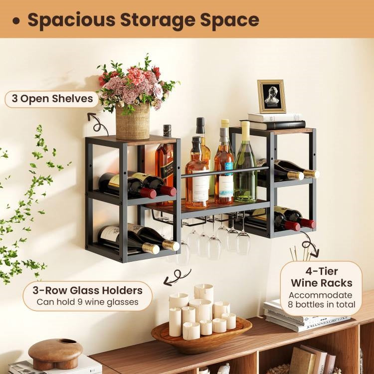 Industrial Wood Metal Wall Mounted Wine Rack Shelf with Glass Holders, holds 8 bottles, 9 glasses; 35x10x16 inches.