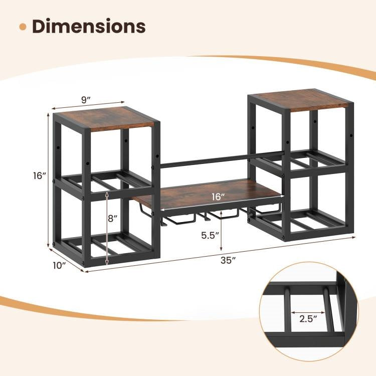 Dimensions of Industrial Wood Metal Wall Mounted Wine Rack Shelf with Glass Holders, brown and black metal design, 35 x 10 x 16.”