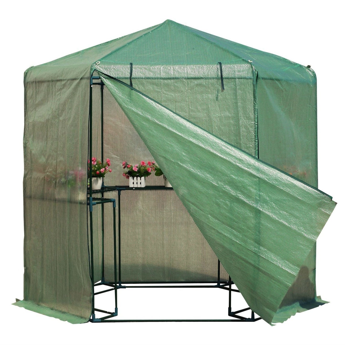 Outdoor Hexagon Greenhouse 6.5 x 7 Ft with Steel Frame PE Cover and Shelves showcasing plants inside