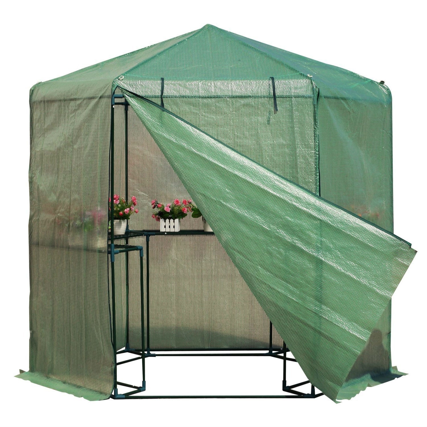 Outdoor Hexagon Greenhouse 6.5 x 7 Ft with Steel Frame PE Cover and Shelves showcasing plants inside