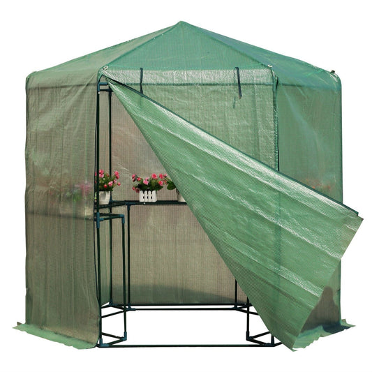 Outdoor Hexagon Greenhouse 6.5 x 7 Ft with Steel Frame PE Cover and Shelves showcasing plants inside