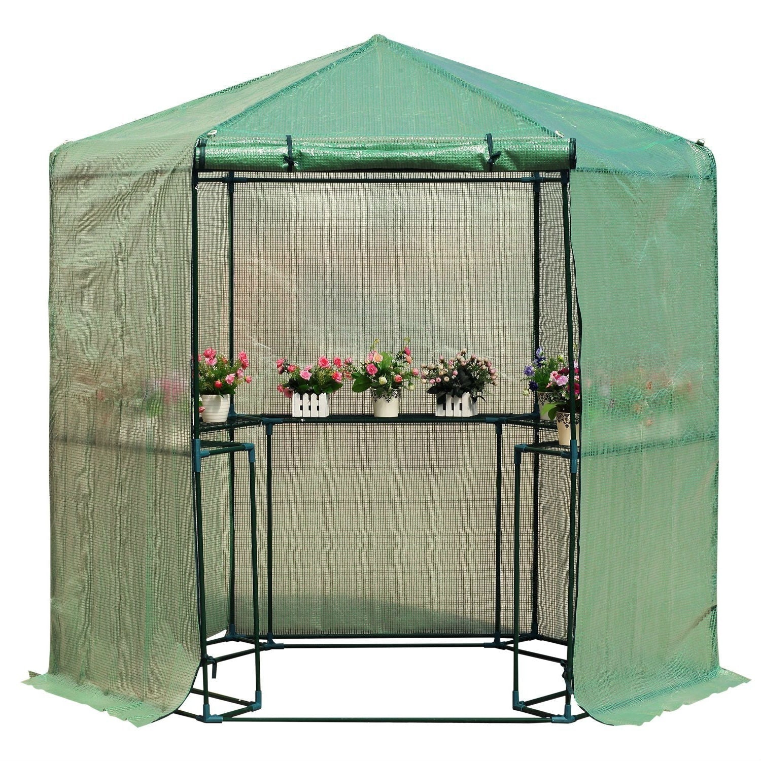 Outdoor Hexagon Greenhouse 6.5 x 7 Ft with Steel Frame PE Cover and Shelves, ideal for home gardening enthusiasts to protect plants year-round.