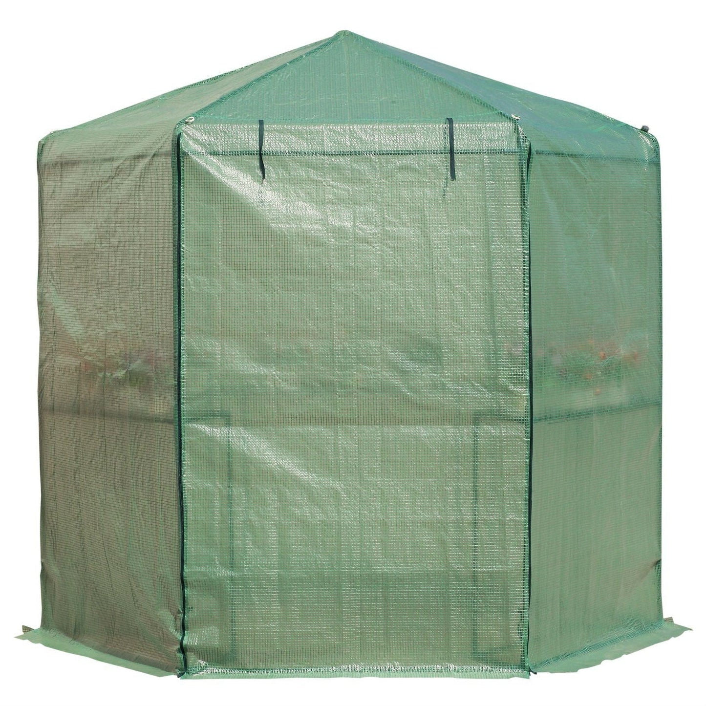 Outdoor Hexagon Greenhouse 6.5 x 7 Ft with Steel Frame PE Cover and Shelves in a garden setting