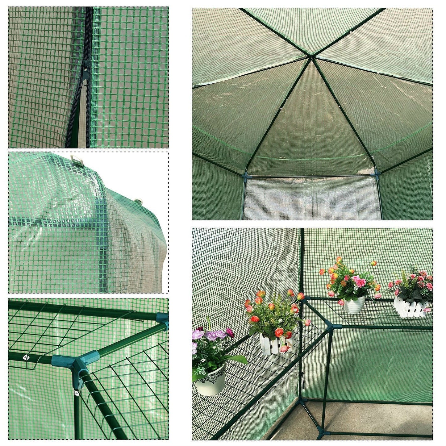 Outdoor Hexagon Greenhouse 6.5 x 7 Ft with Steel Frame PE Cover and Shelves interior and structure details