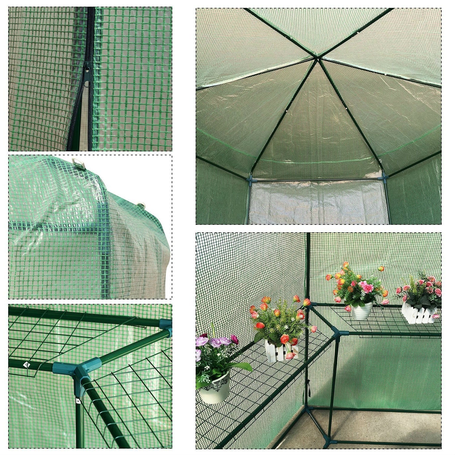 Outdoor Hexagon Greenhouse 6.5 x 7 Ft with Steel Frame PE Cover and Shelves interior and structure details