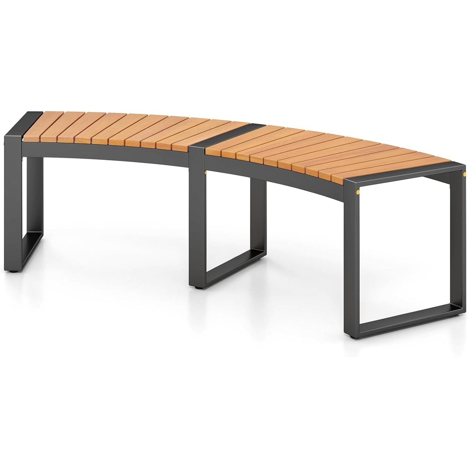 Outdoor Metal Frame Wood Slat Backless Garden Bench with Modern Arch Design, acacia wood seat and powder-coated metal frame
