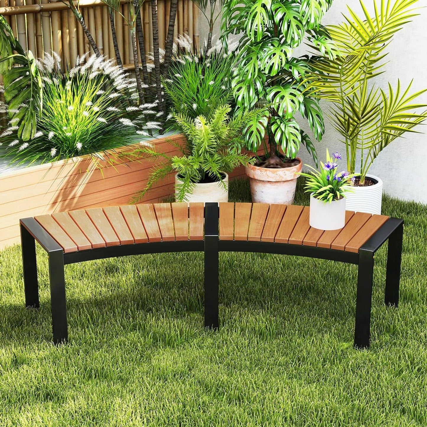 Outdoor Metal Frame Wood Slat Backless Garden Bench with Modern Arch Design in lush garden setting