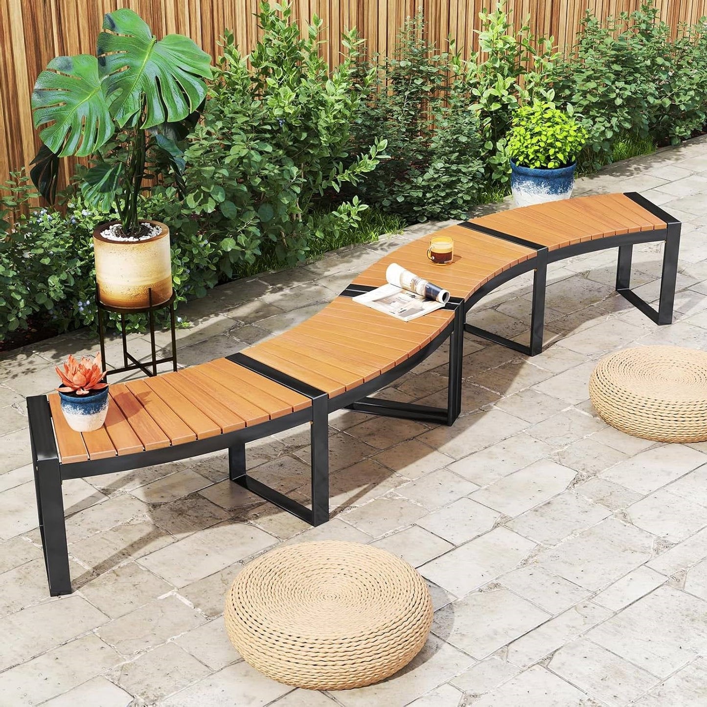 Outdoor Metal Frame Wood Slat Backless Garden Bench with Modern Arch Design on patio