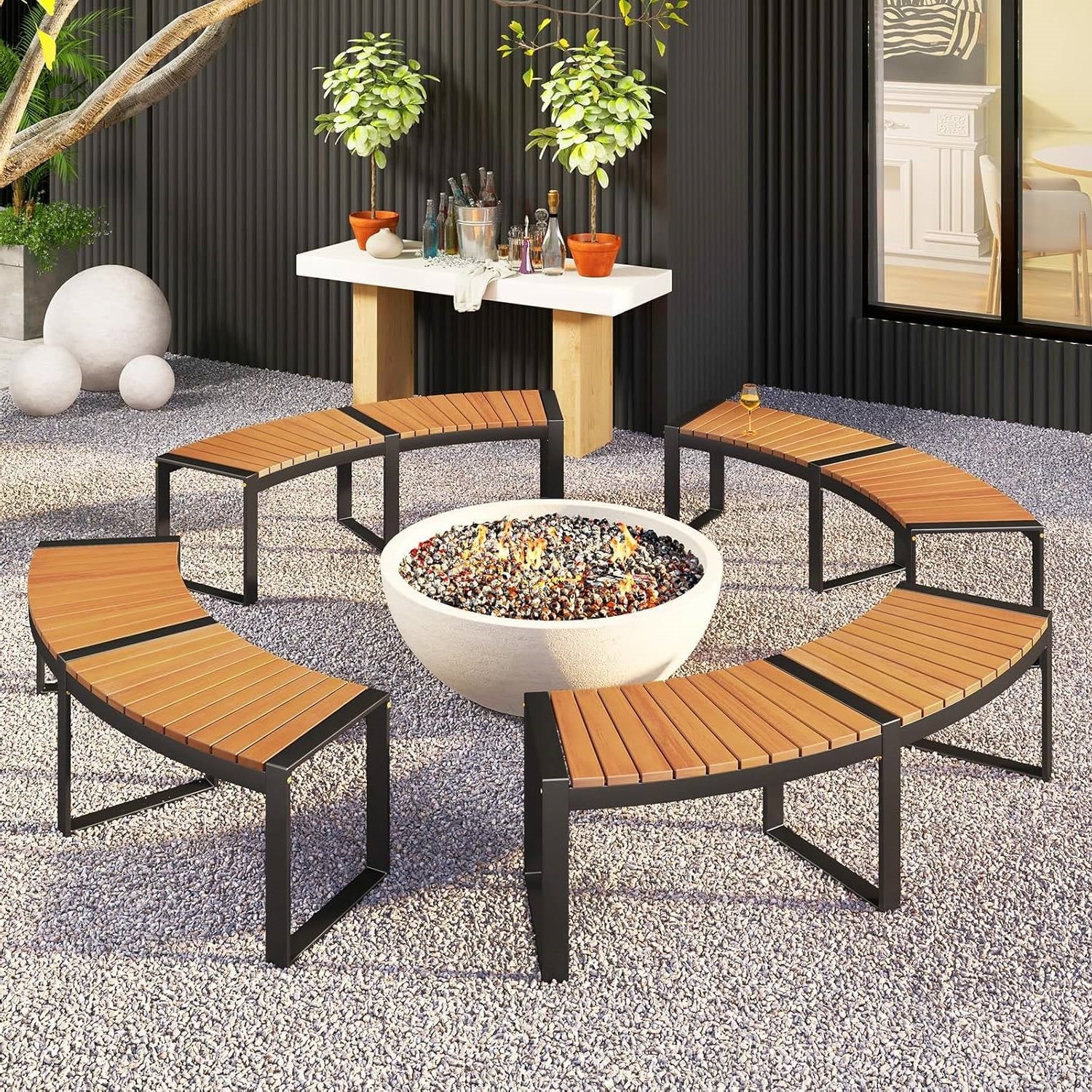 Outdoor Metal Frame Wood Slat Backless Garden Bench with Modern Arch Design around a fire pit