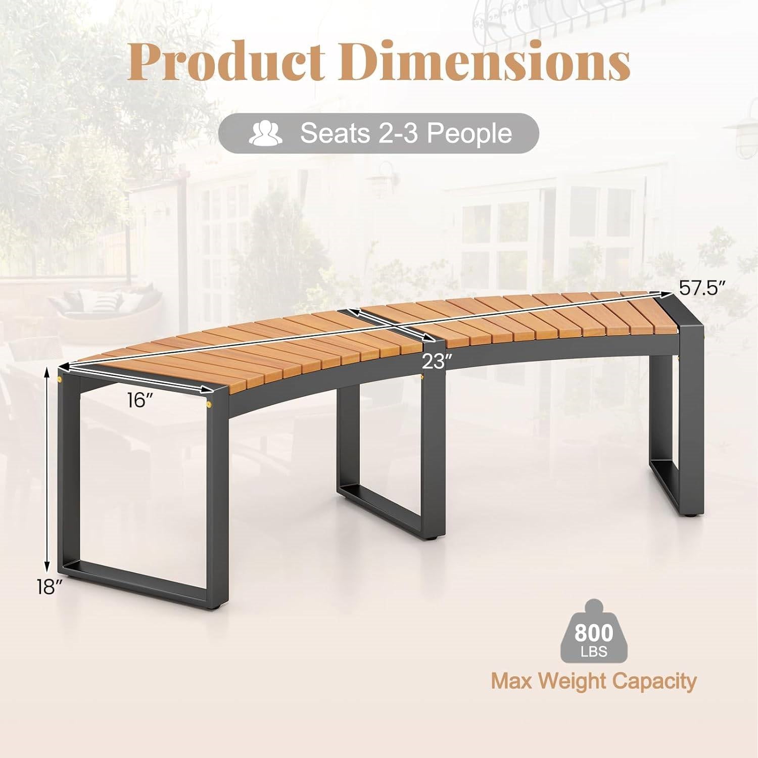 Dimensions of the Outdoor Metal Frame Wood Slat Backless Garden Bench with Modern Arch Design, max weight capacity 800 lbs.