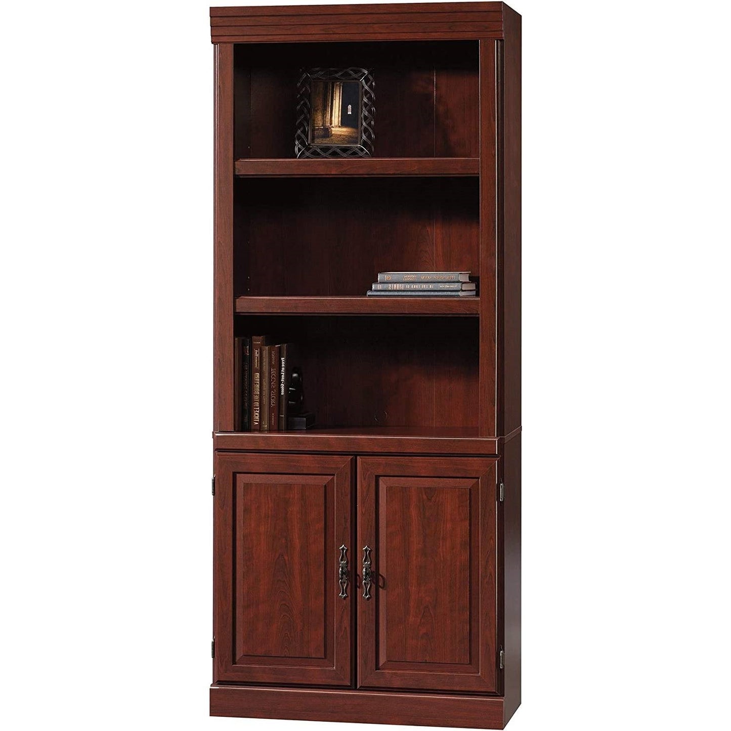 71-inch High 3-Shelf Wooden Bookcase with Storage Drawer in Cherry Finish featuring adjustable shelves and lower storage doors