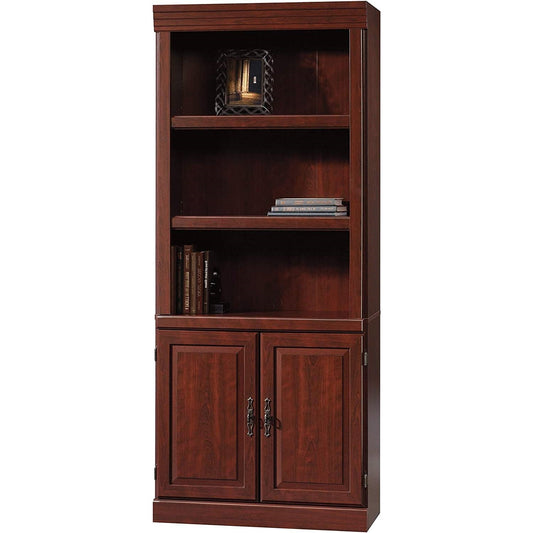 71-inch High 3-Shelf Wooden Bookcase with Storage Drawer in Cherry Finish featuring adjustable shelves and lower storage doors
