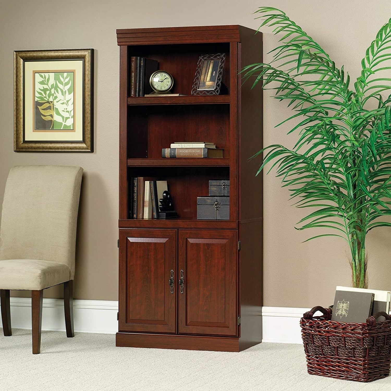 71-inch High 3-Shelf Wooden Bookcase with Storage Drawer in Cherry Finish, featuring adjustable shelves, displayed in living room setting.
