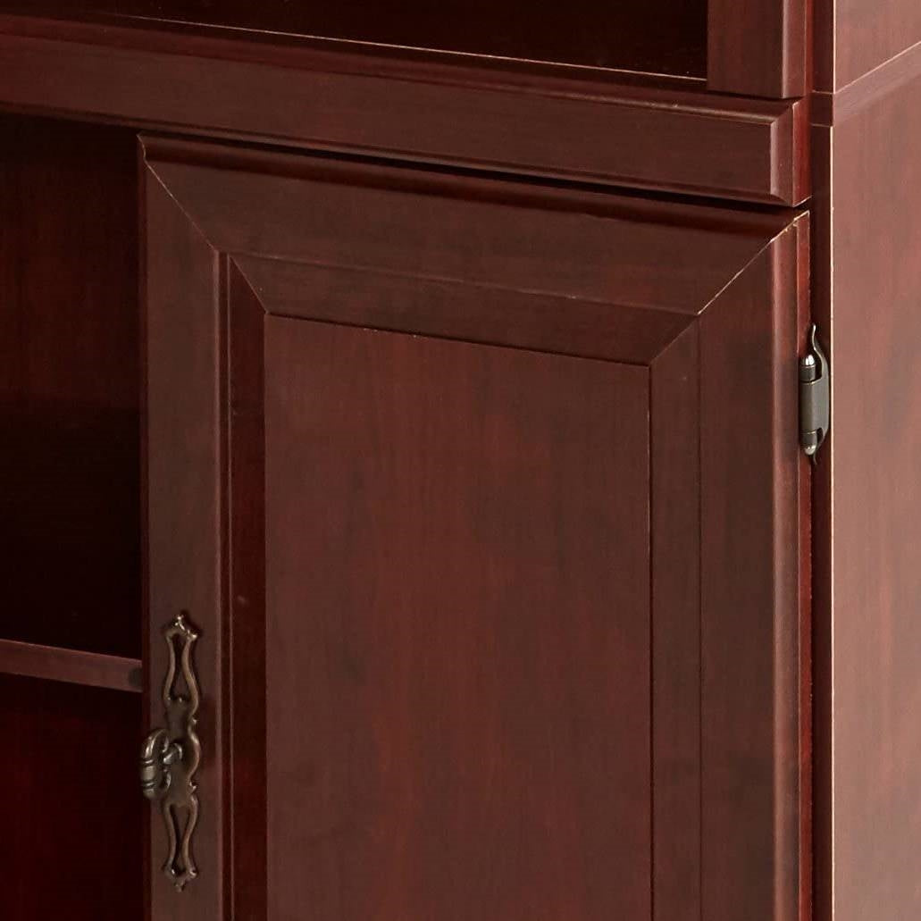 Close-up of cherry finish door on 71-inch High 3-Shelf Wooden Bookcase with Storage Drawer