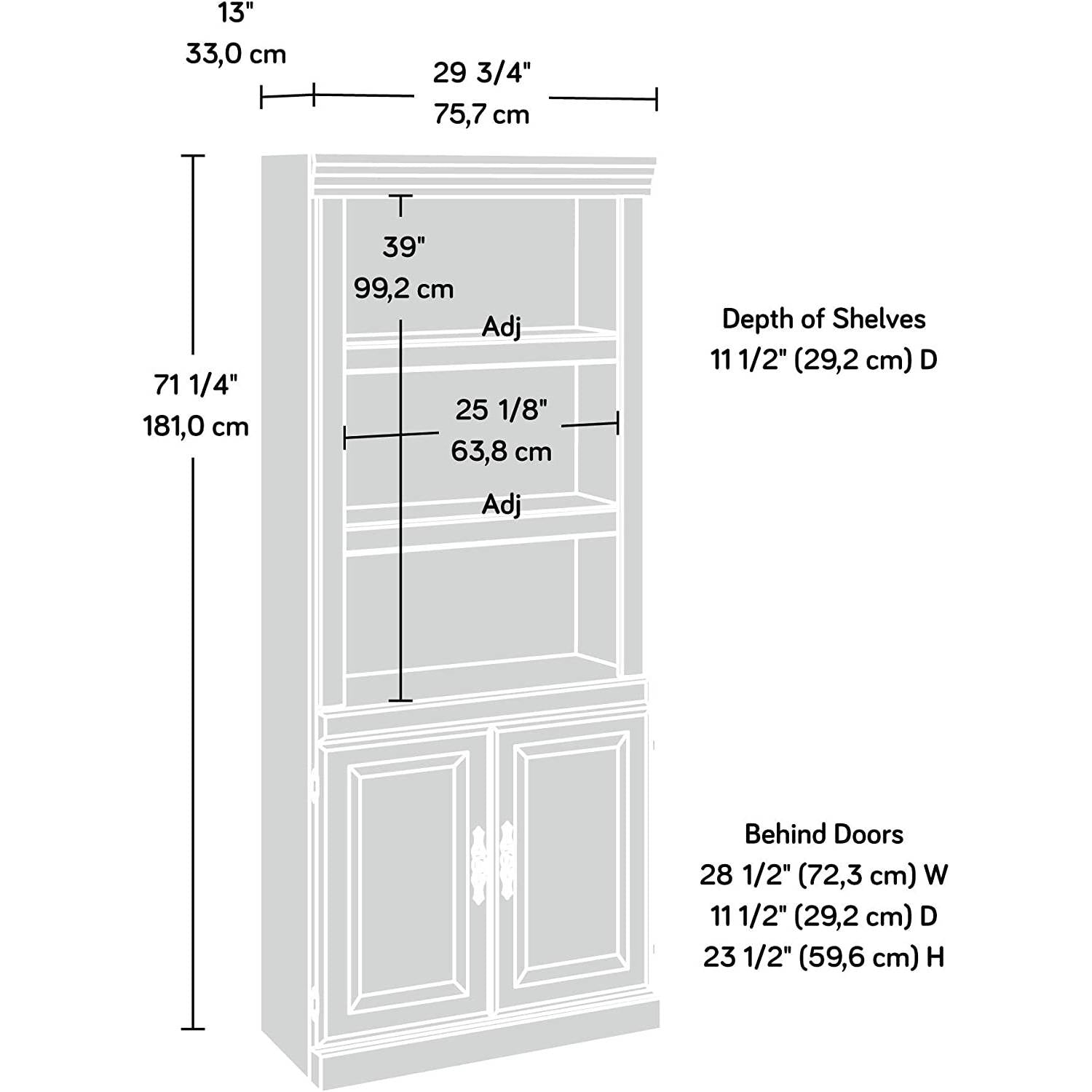 Dimensions diagram for 71-inch High 3-Shelf Wooden Bookcase with Storage Drawer in Cherry Finish, illustrating measurements in inches and cm.