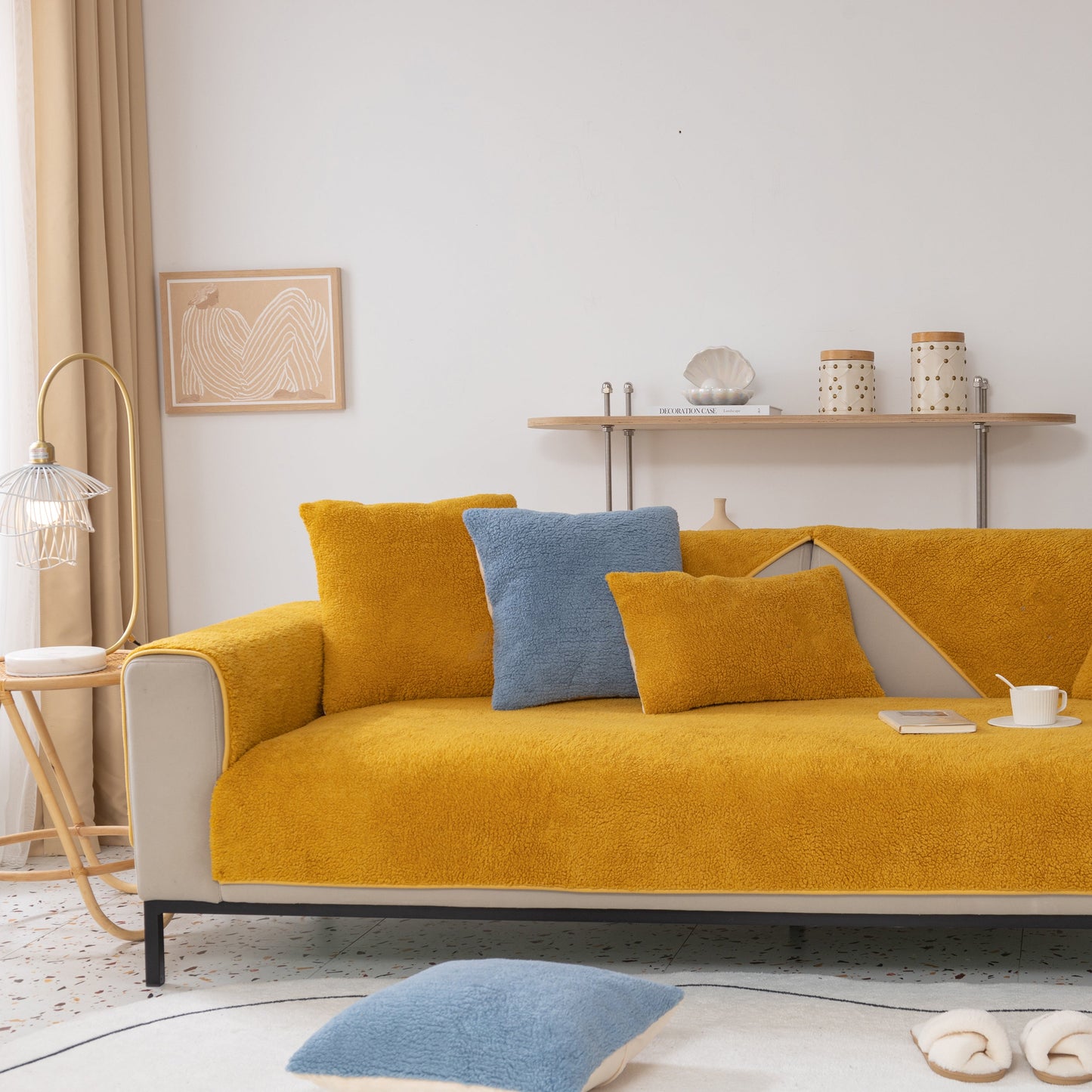 Luxury Sherpa Fleece Solid Sofa Towels Thickened Plush Non Slip Sofa Cushion Covers in a stylish living room setting