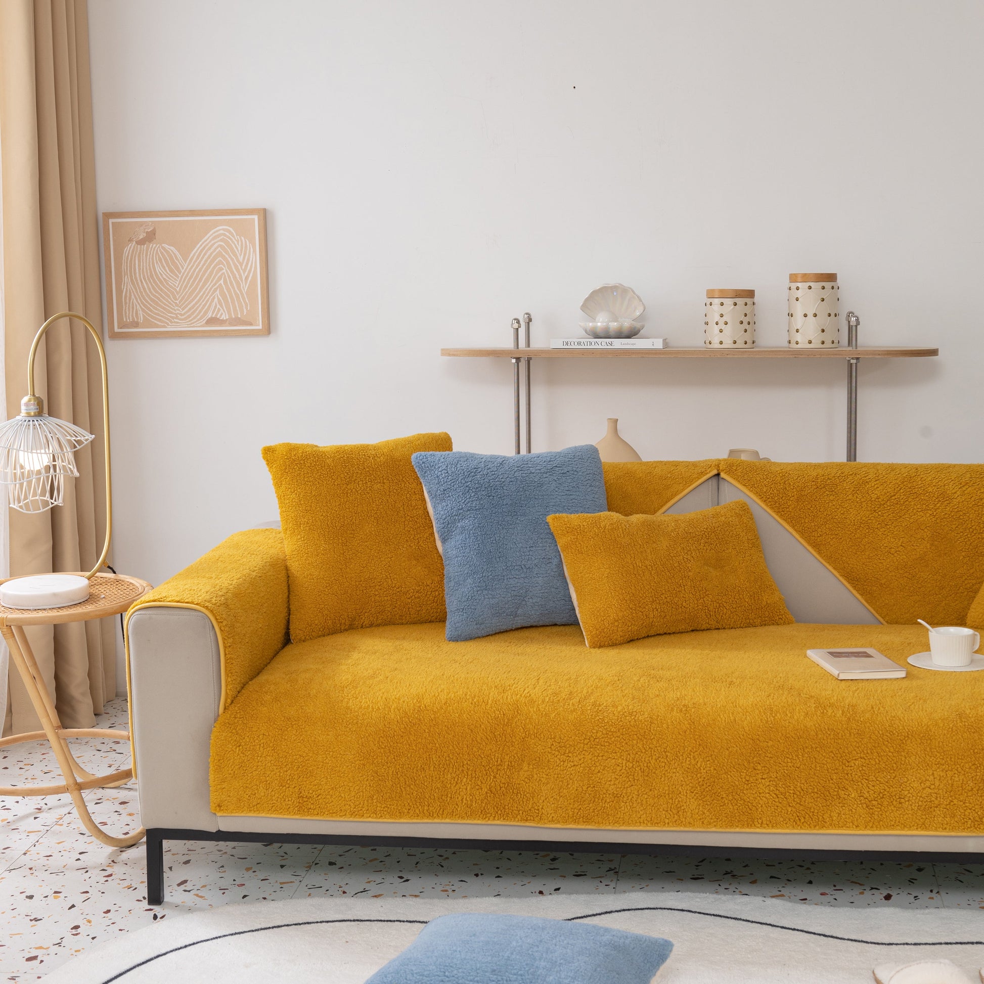 Luxury Sherpa Fleece Solid Sofa Towels Thickened Plush Non Slip Sofa Cushion Covers in vibrant yellow on modern living room sofa
