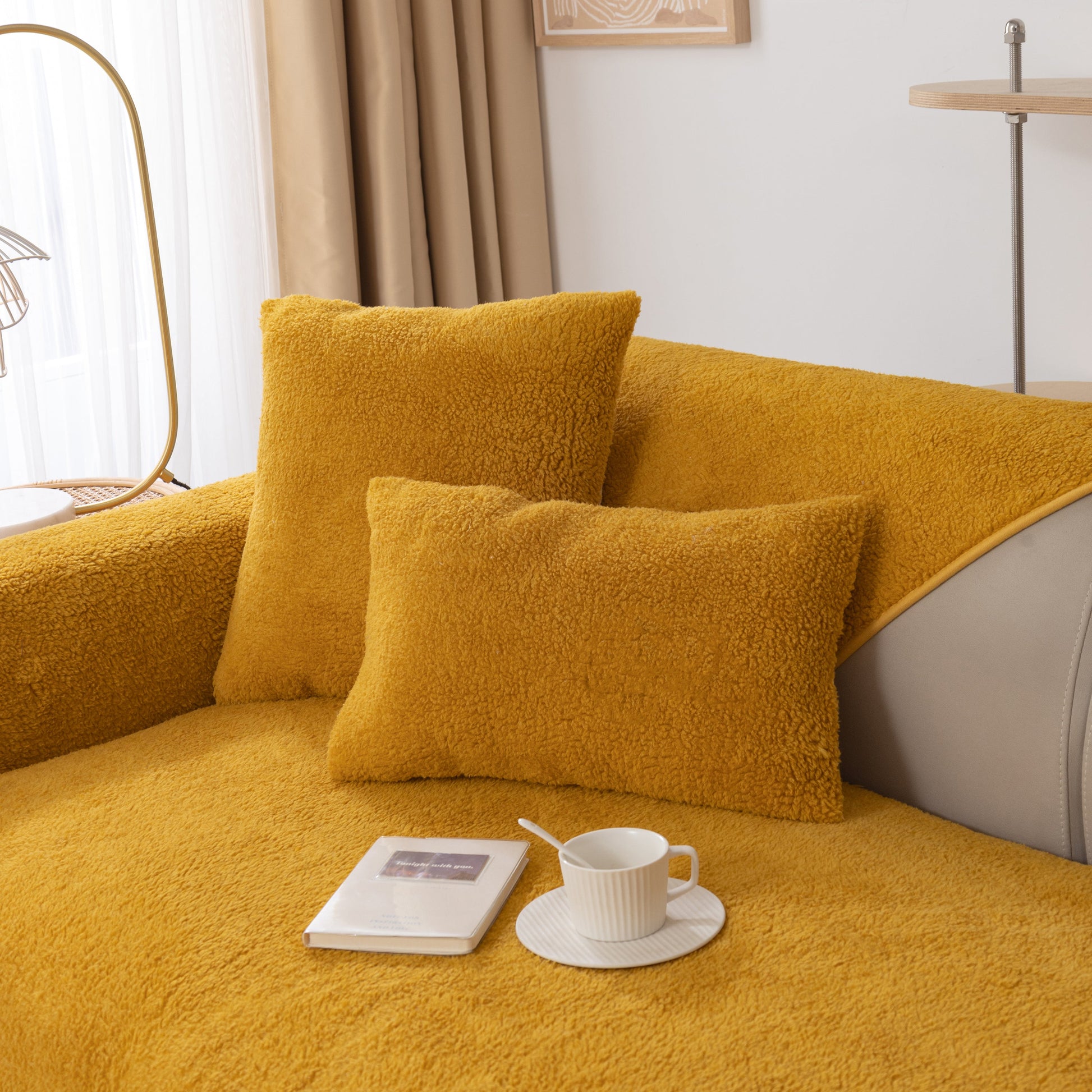 Luxury Sherpa Fleece Solid Sofa Towels Thickened Plush Non Slip Sofa Cushion Covers on yellow sofa with pillows