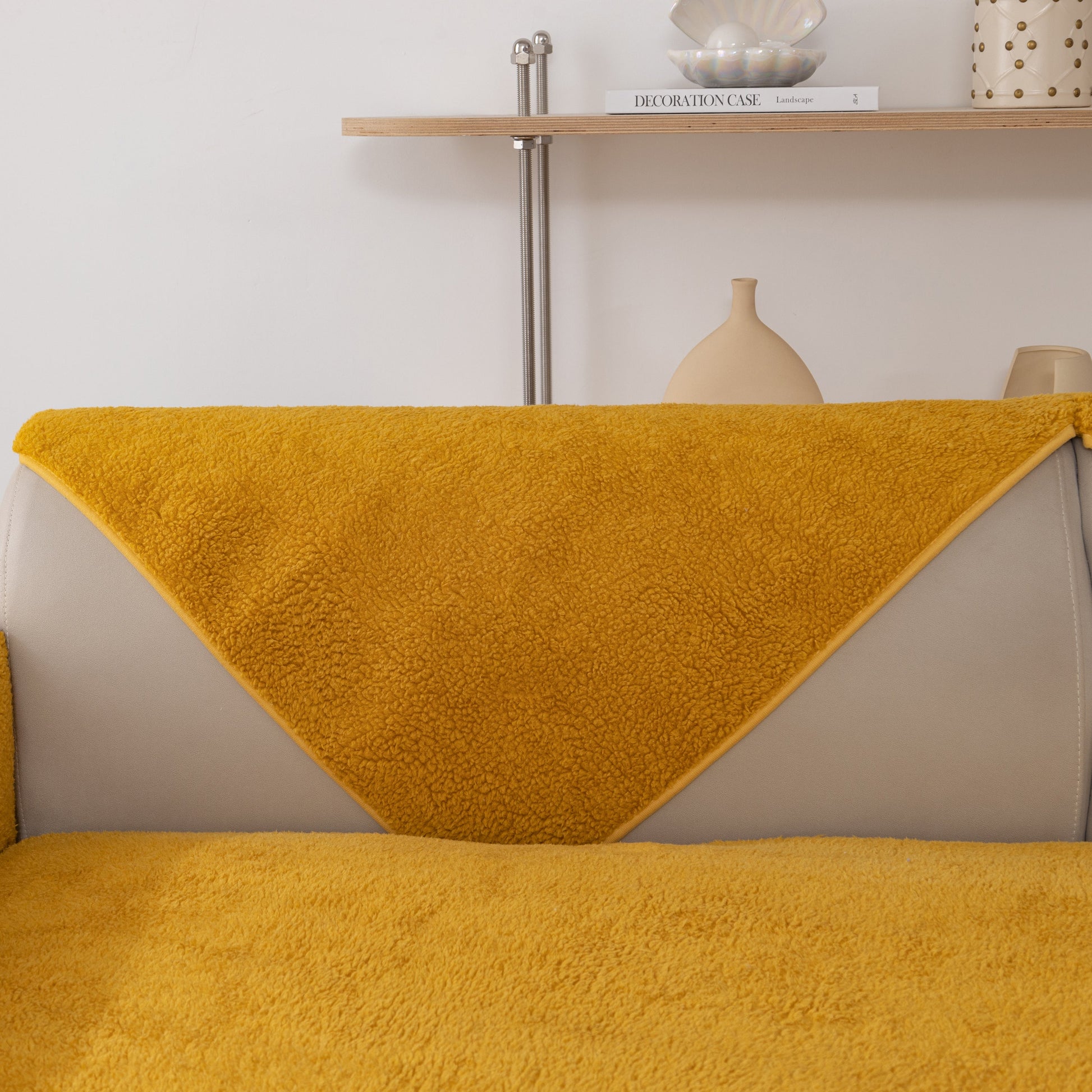 Luxury Sherpa Fleece Solid Sofa Towels Thickened Plush Non Slip Sofa Cushion Covers in mustard yellow on a modern couch.