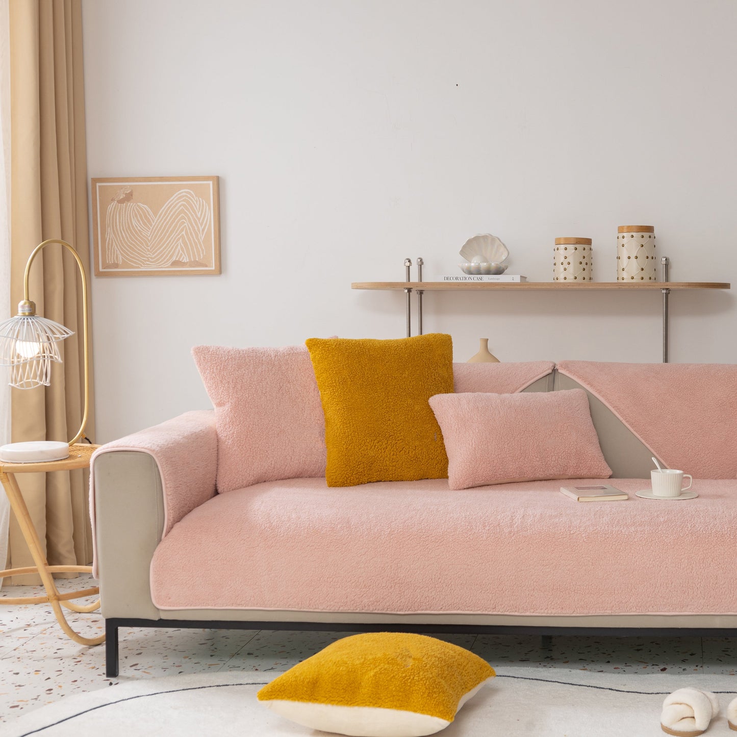 Luxury Sherpa Fleece Solid Sofa Towels Thickened Plush Non Slip Sofa Cushion Covers in a cozy living room setting