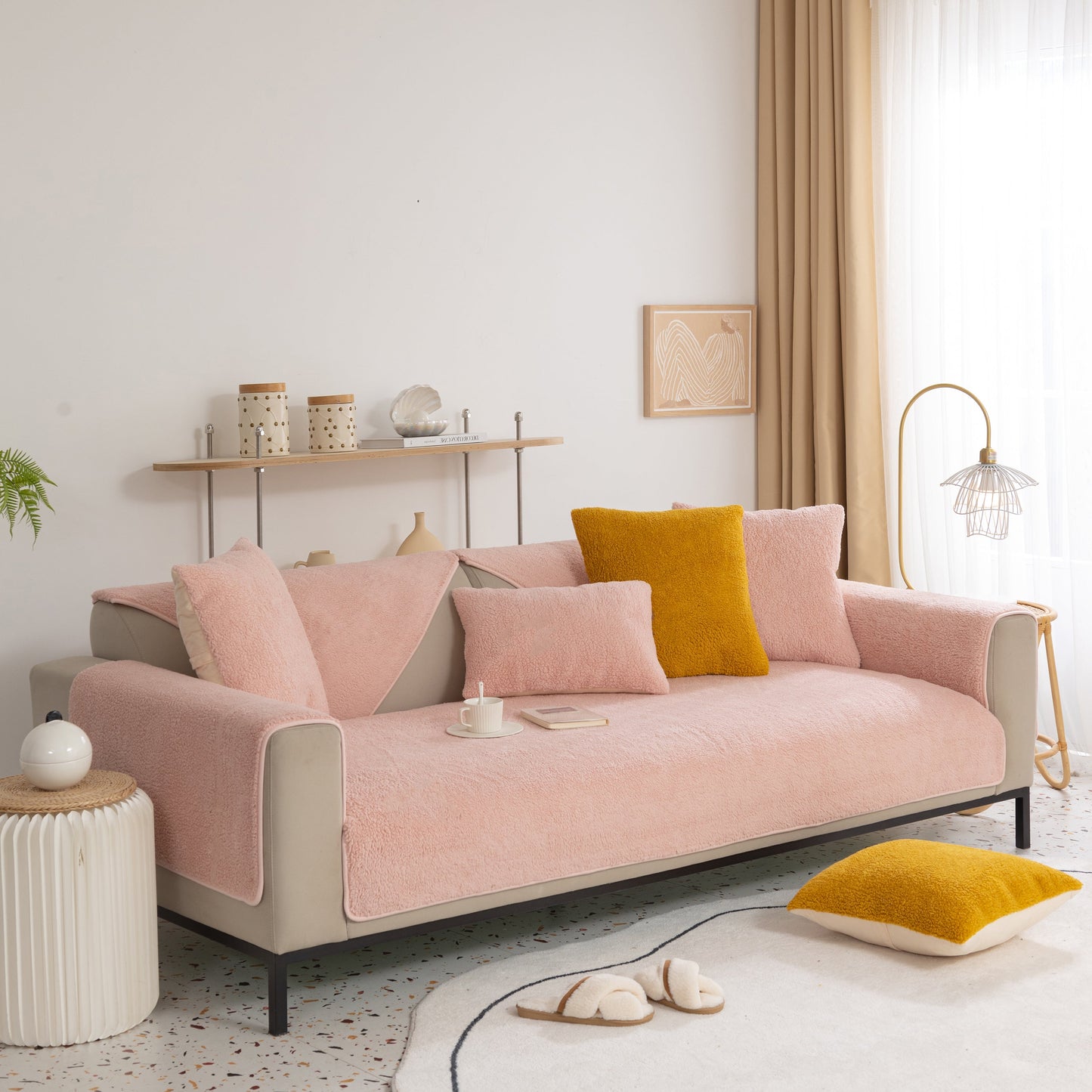 Luxury Sherpa Fleece Solid Sofa Towels Thickened Plush Non Slip Sofa Cushion Covers in a cozy living room setting