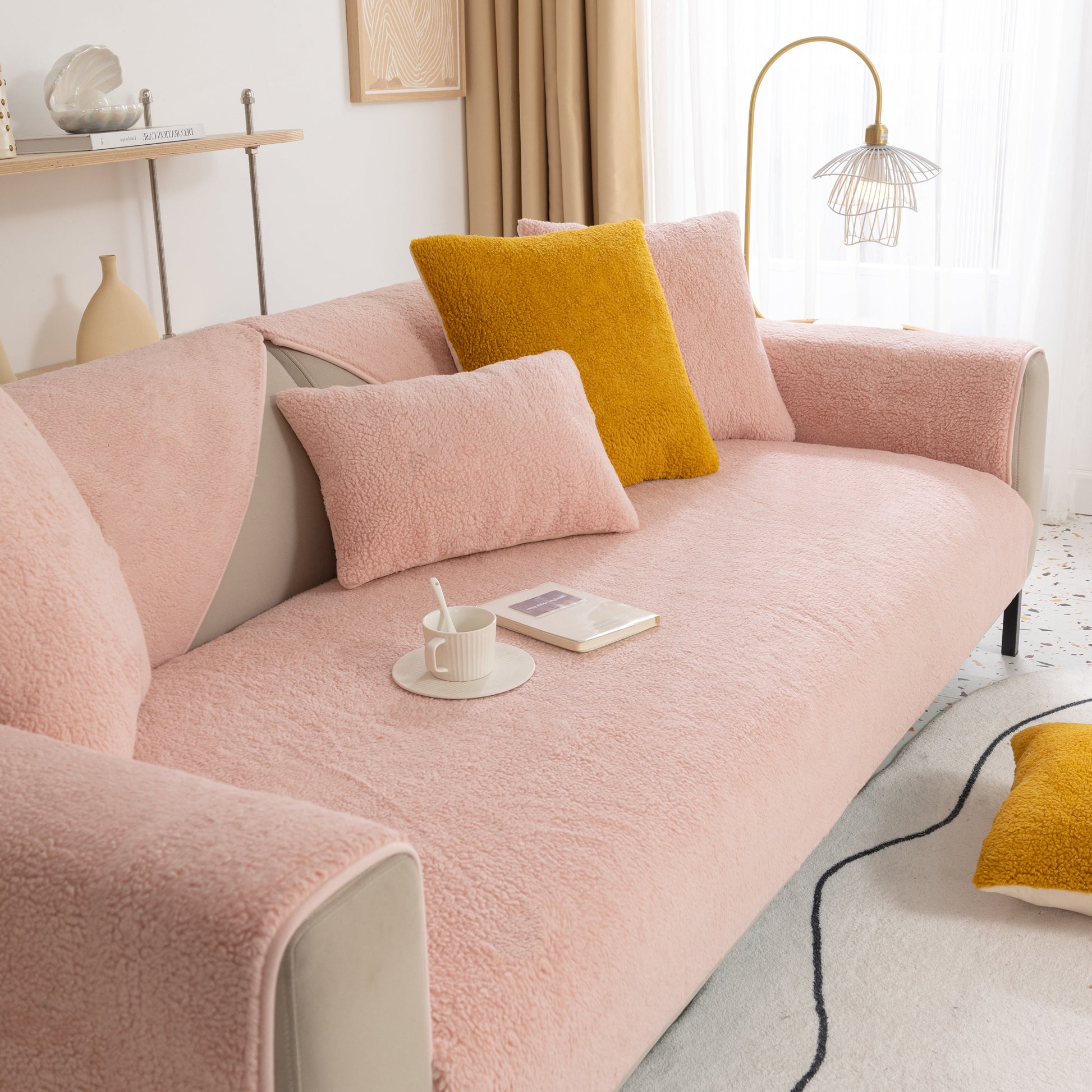 Luxury Sherpa Fleece Solid Sofa Towels Thickened Plush Non Slip Sofa Cushion Covers in a cozy living room setting.