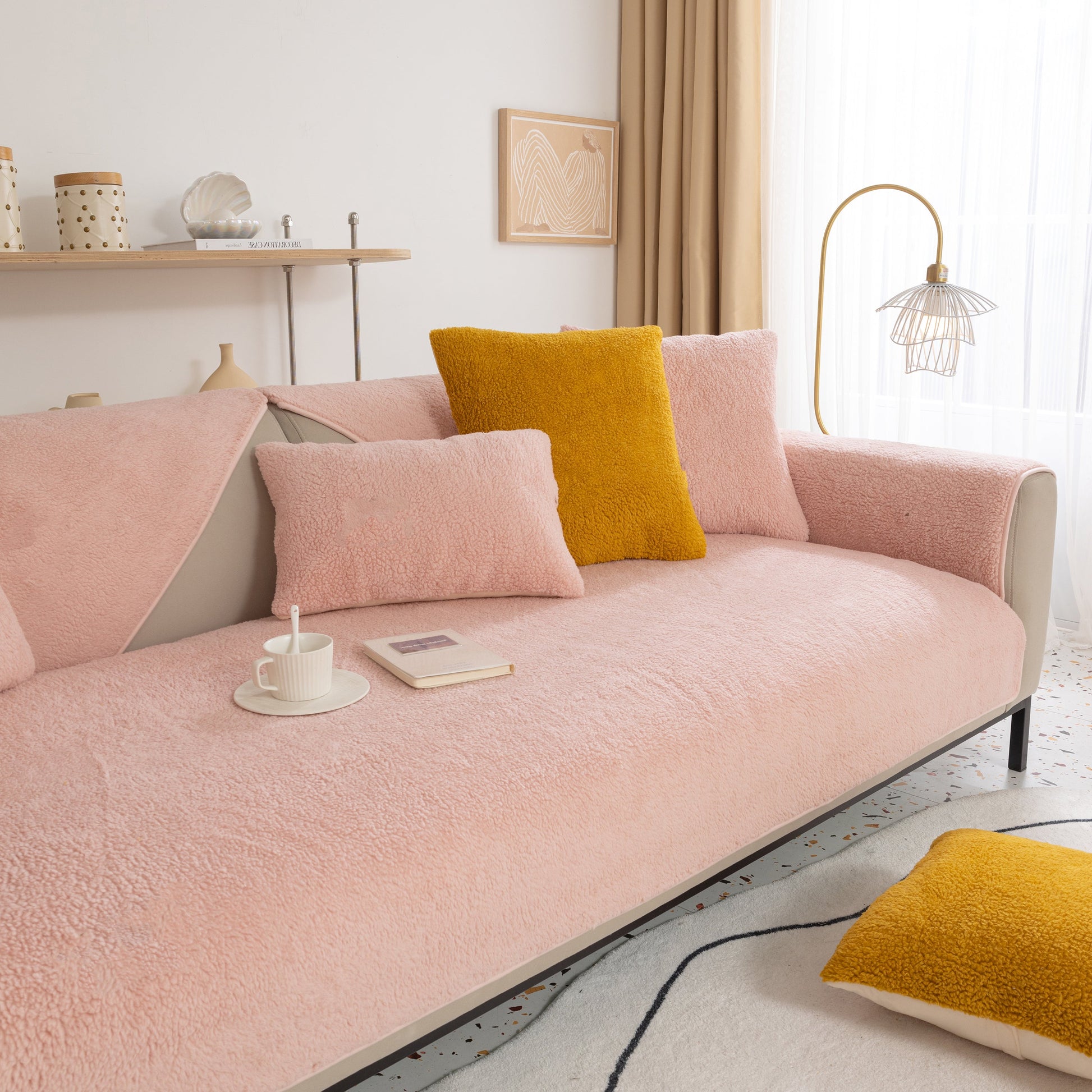 Luxury Sherpa Fleece Solid Sofa Towels Thickened Plush Non Slip Sofa Cushion Covers in a cozy living room setting with cushions.
