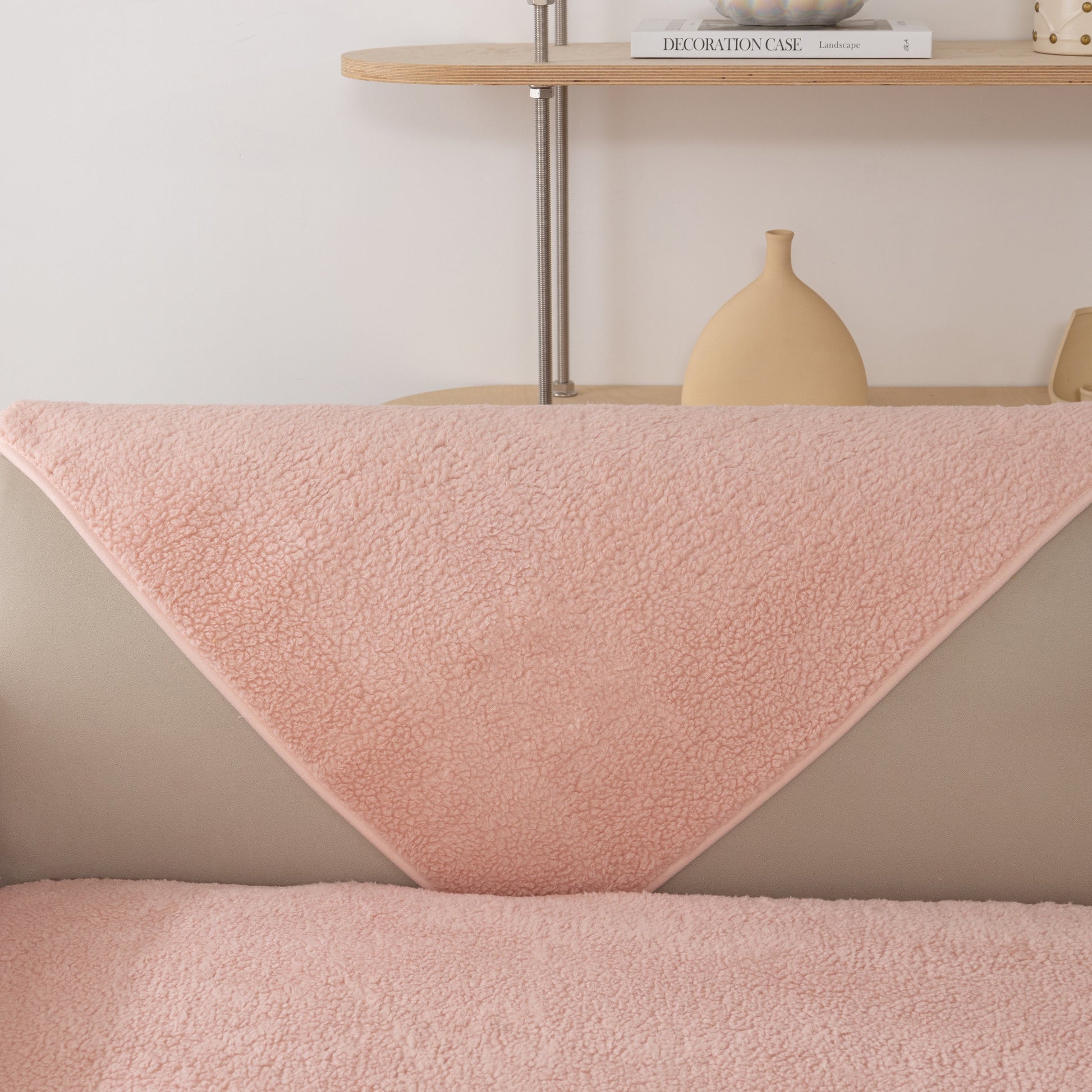 Luxury Sherpa Fleece Solid Sofa Towels Thickened Plush Non Slip Sofa Cushion Covers on beige sofa with soft pink tone