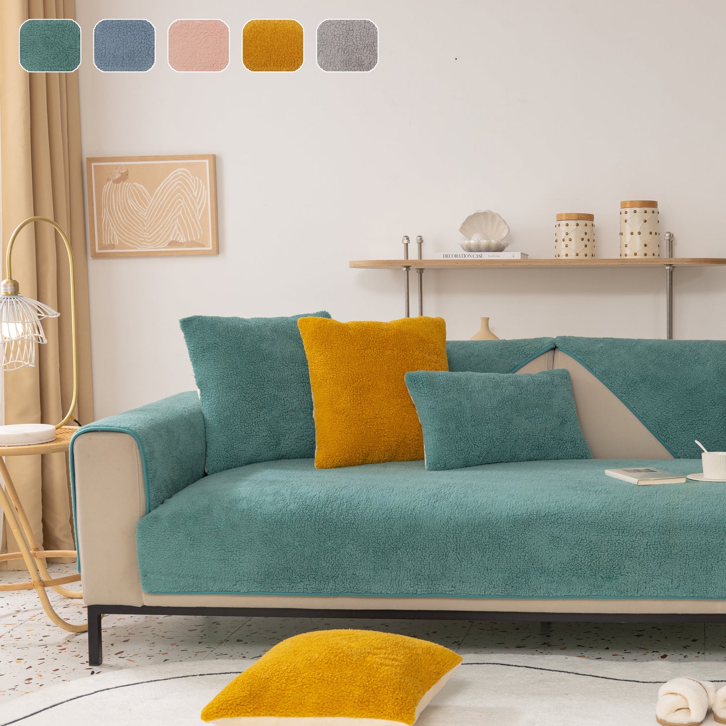 Luxury Sherpa Fleece Solid Sofa Towels Thickened Plush Non Slip Sofa Cushion Covers in various colors on a stylish sofa.