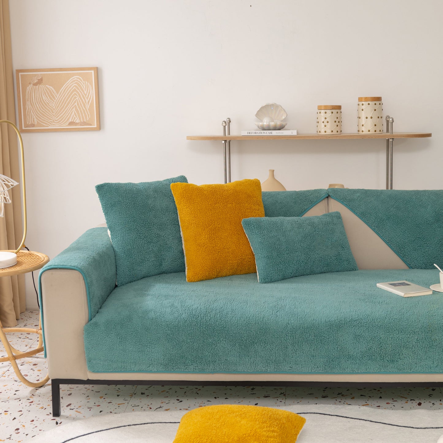 Luxury Sherpa Fleece Solid Sofa Towels Thickened Plush Non Slip Sofa Cushion Covers in a modern living room setting