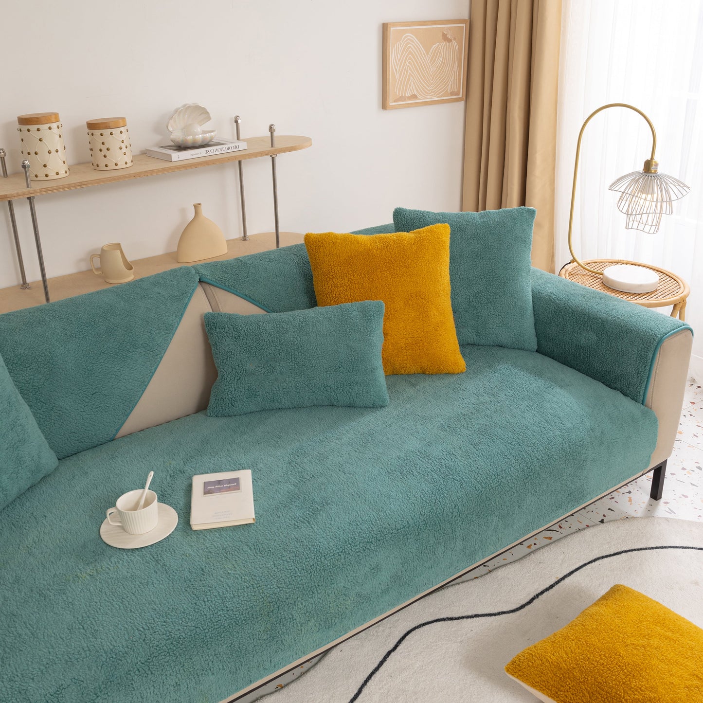 Luxury Sherpa Fleece Solid Sofa Towels Thickened Plush Non Slip Sofa Cushion Covers in teal with yellow accents in a modern living room