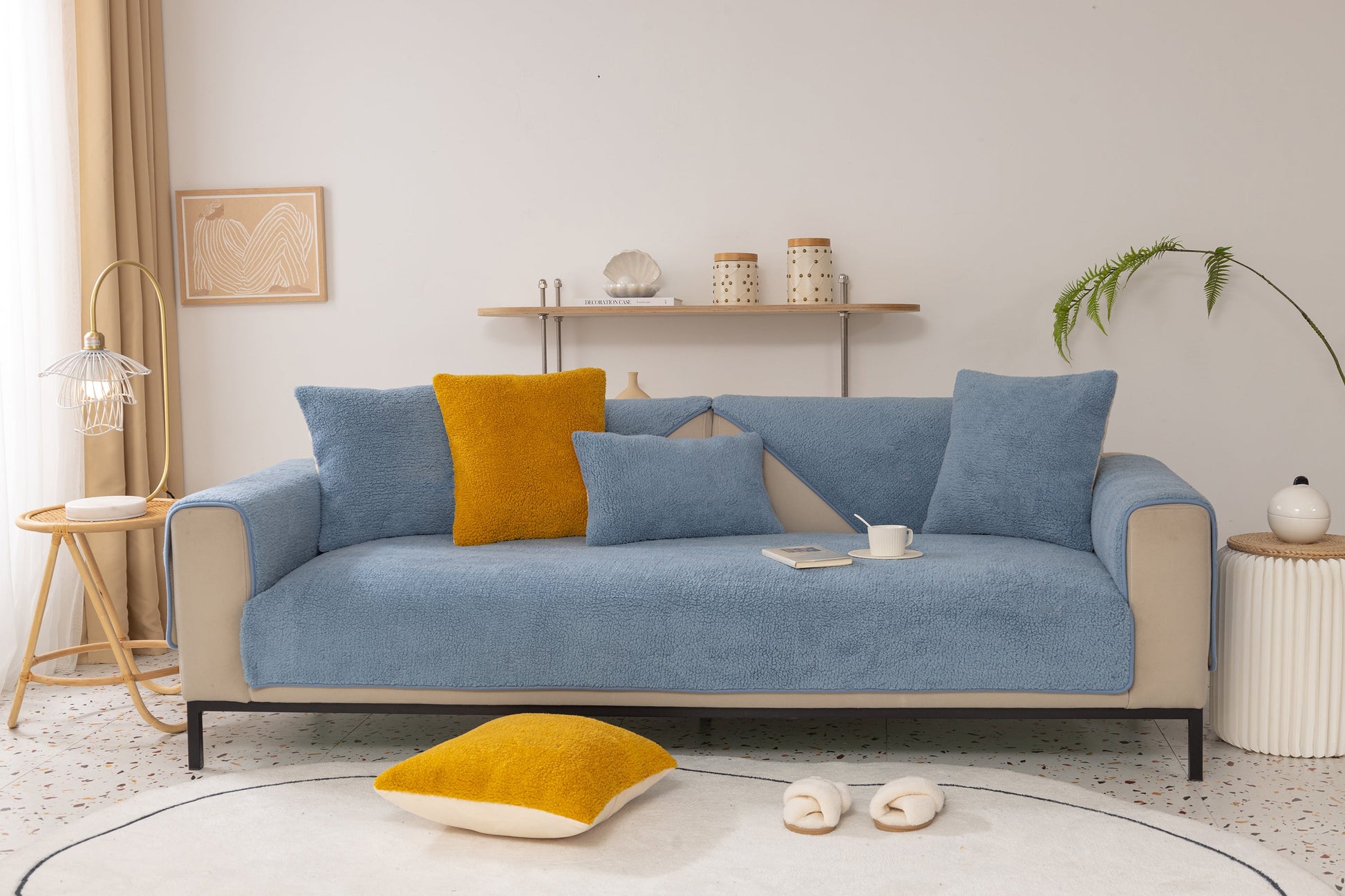 Luxury Sherpa Fleece Solid Sofa Towels Thickened Plush Non Slip Sofa Cushion Covers on a stylish modern sofa with decorative pillows.