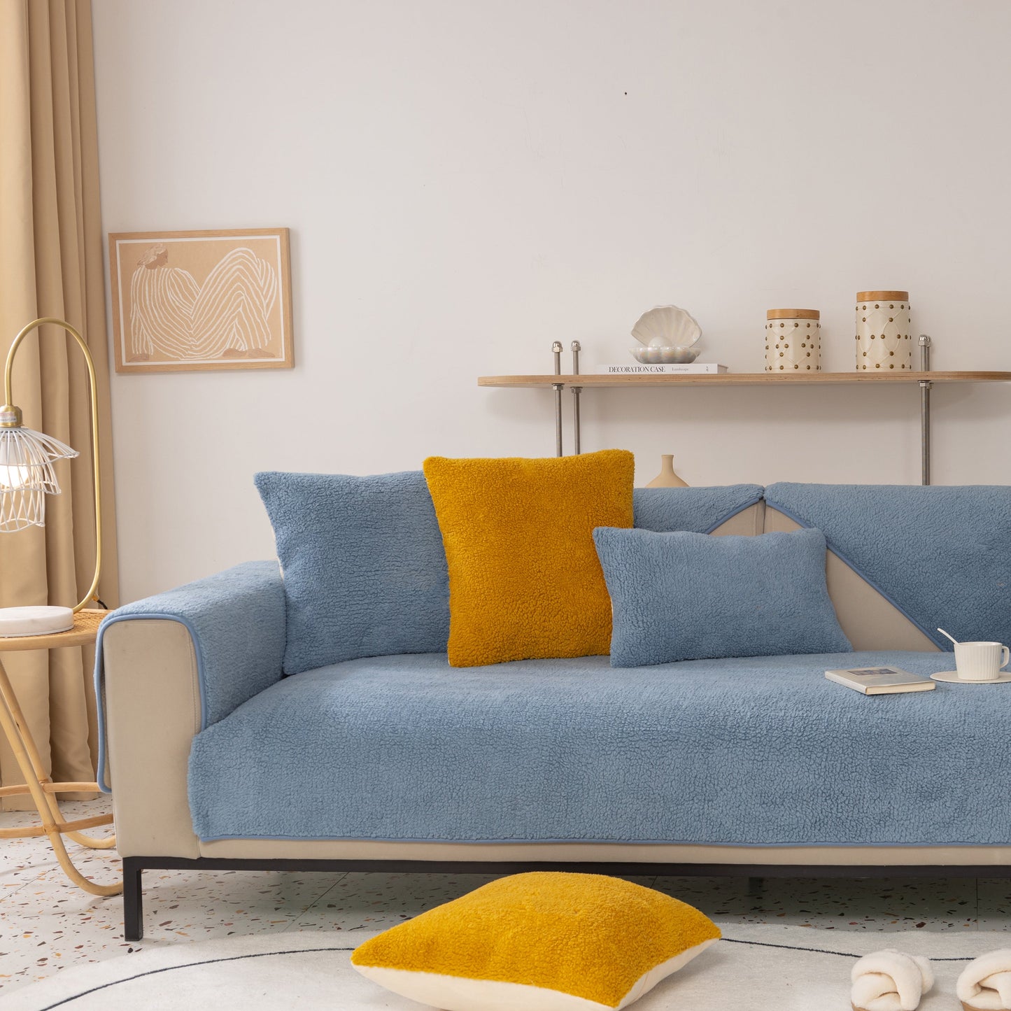 Luxury Sherpa Fleece Solid Sofa Towels Thickened Plush Non Slip Sofa Cushion Covers in blue on a modern living room sofa.