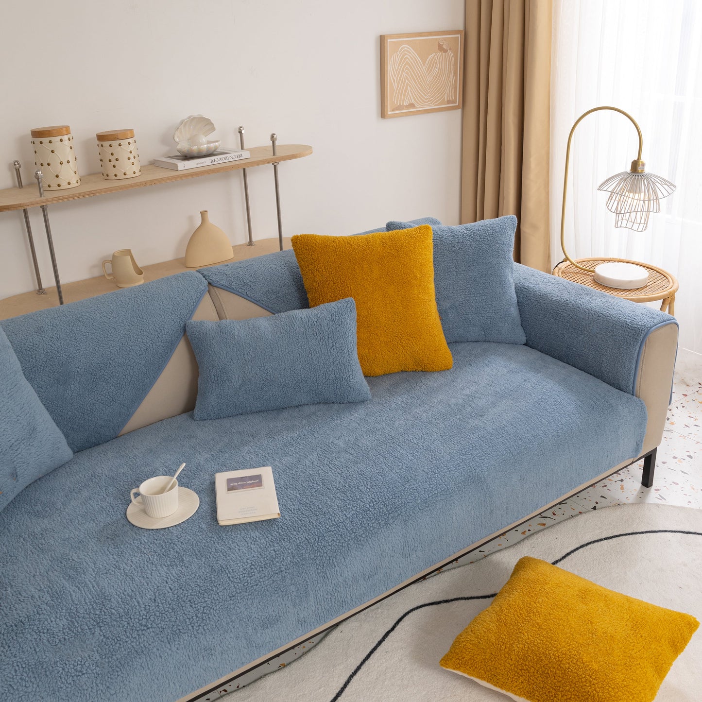 Luxury Sherpa Fleece Solid Sofa Towels Thickened Plush Non Slip Sofa Cushion Covers on modern blue sofa with yellow pillows.