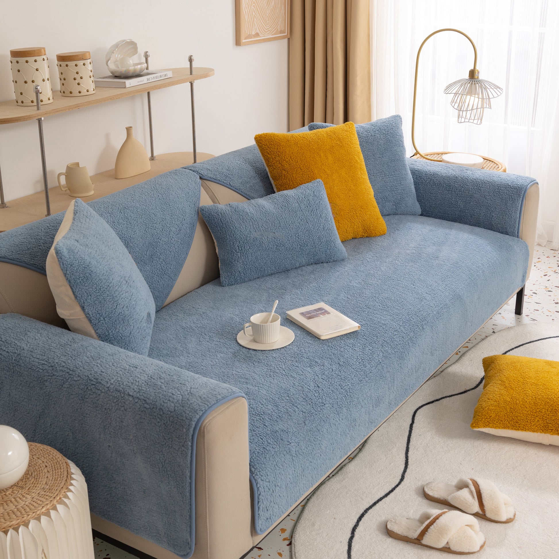 Luxury Sherpa Fleece Solid Sofa Towels Thickened Plush Non Slip Sofa Cushion Covers in a stylish living room setting with cushions.