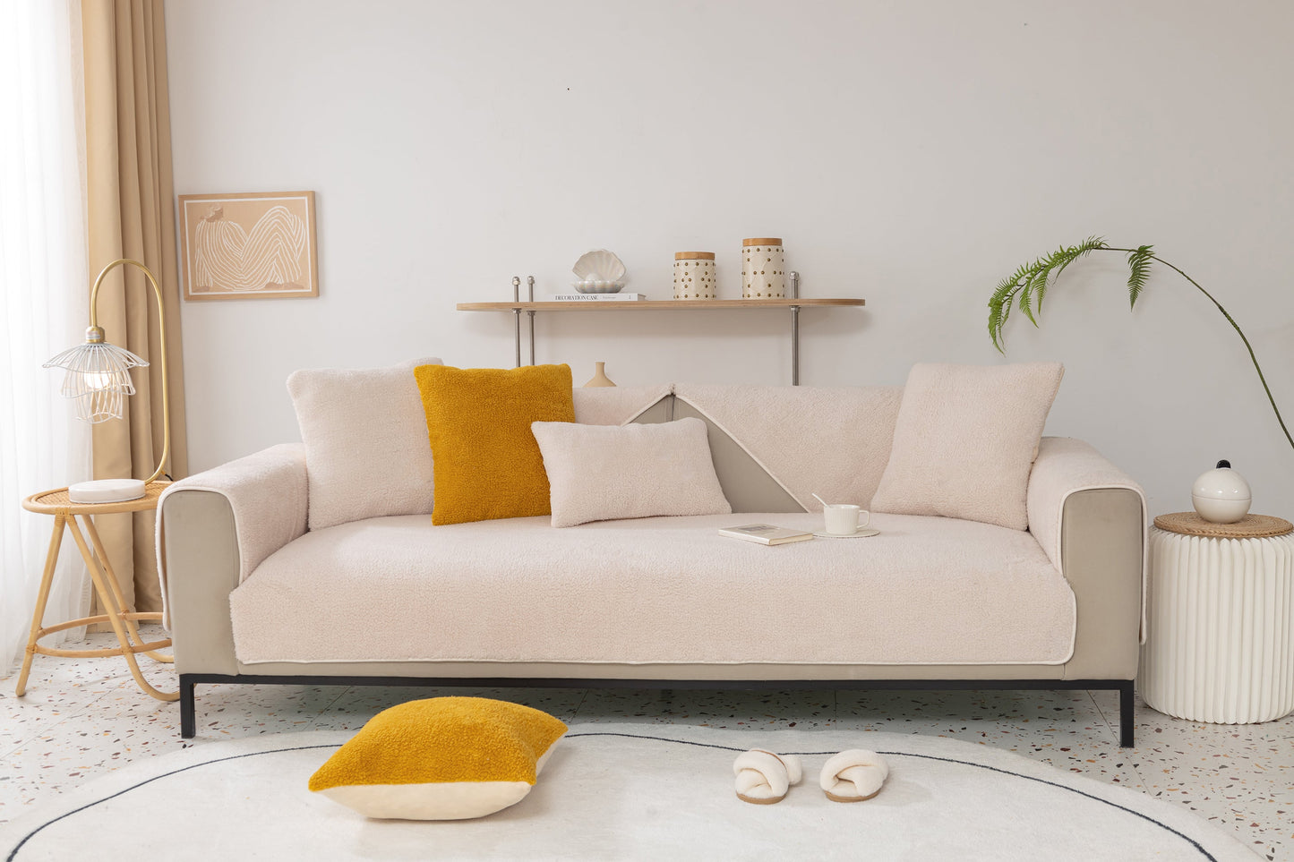 Luxury Sherpa Fleece Solid Sofa Towels Thickened Plush Non Slip Sofa Cushion Covers on a modern beige couch with decorative pillows.