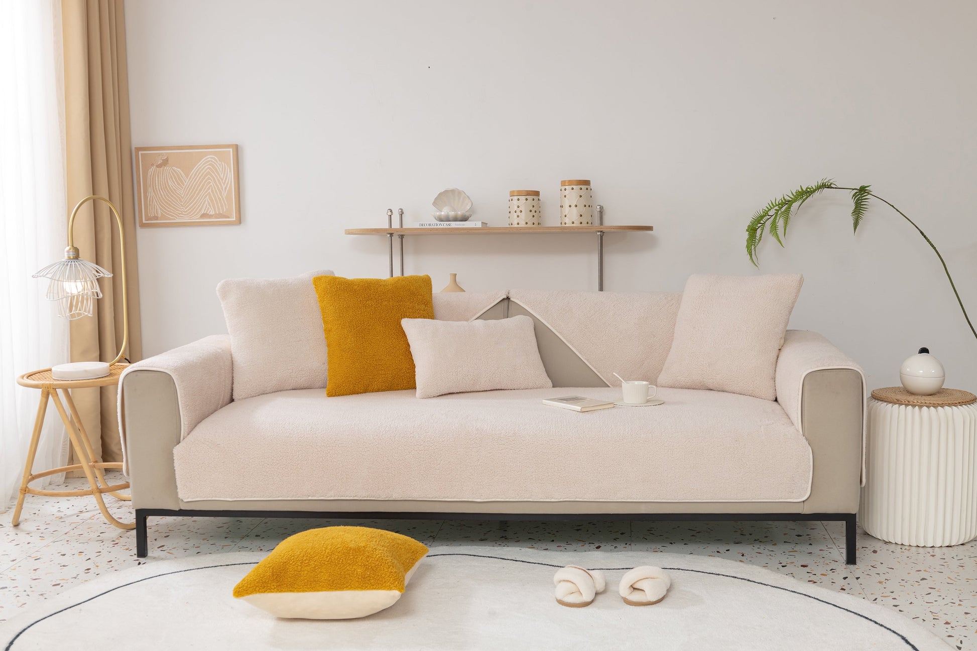 Luxury Sherpa Fleece Solid Sofa Towels Thickened Plush Non Slip Sofa Cushion Covers on a modern beige couch with decorative pillows.