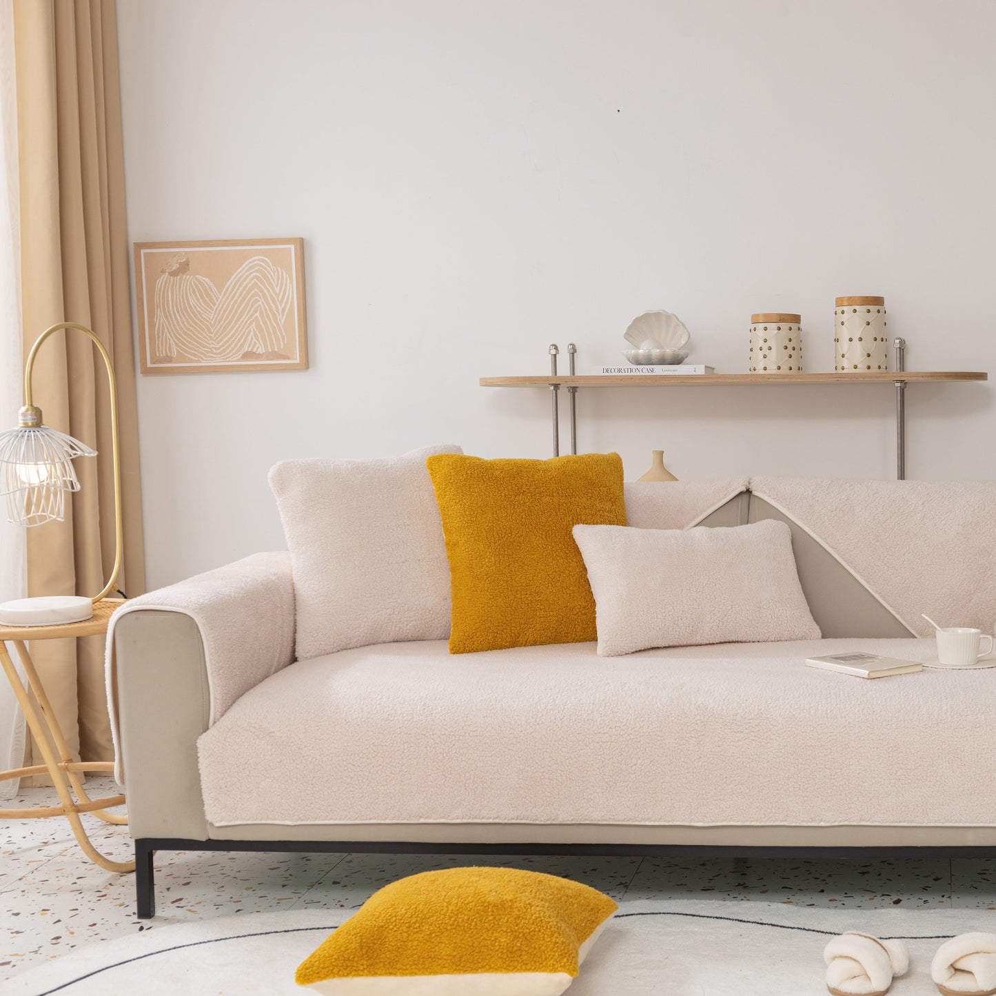 Luxury Sherpa Fleece Solid Sofa Towels Thickened Plush Non Slip Sofa Cushion Covers in living room setting with yellow accents