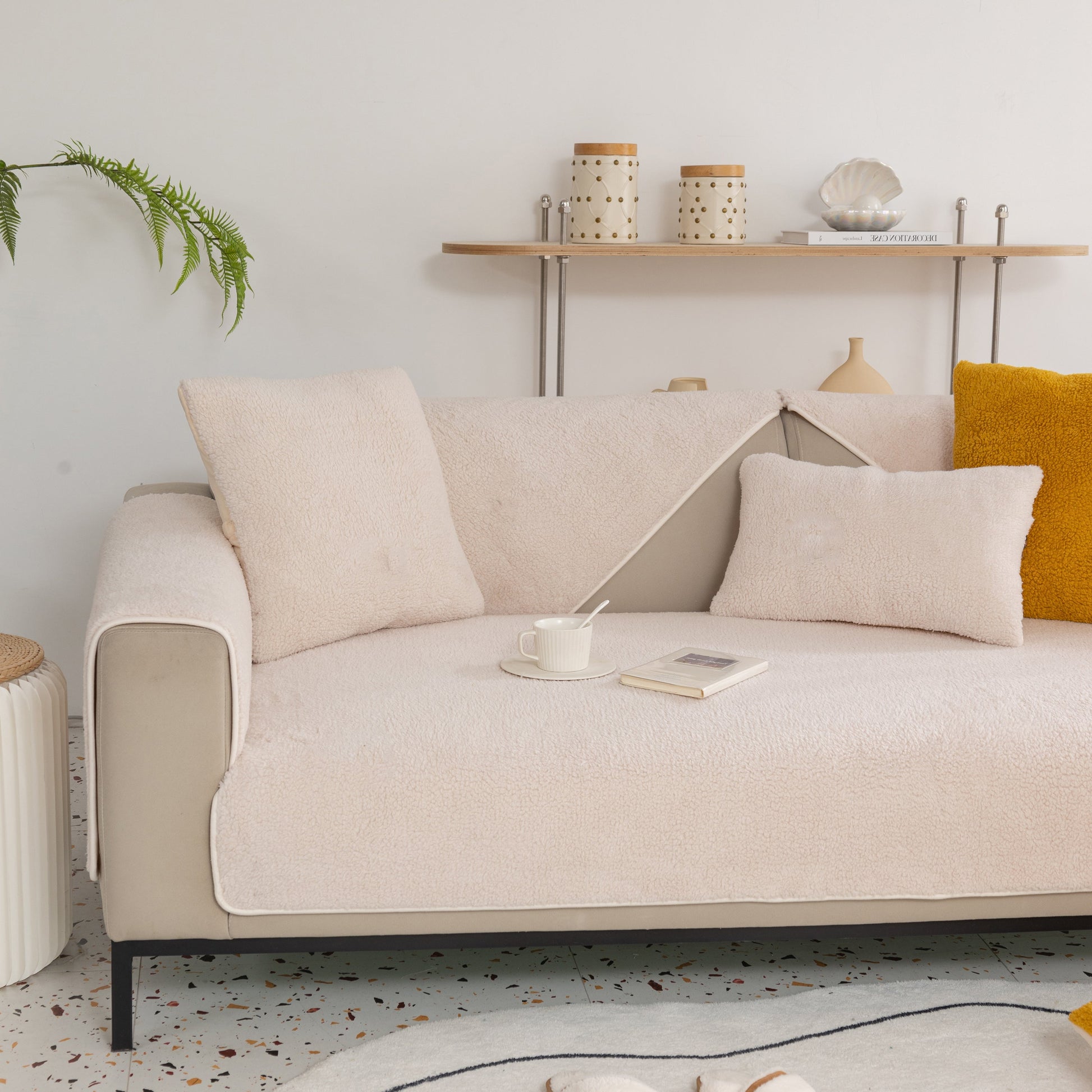 Luxury Sherpa Fleece Solid Sofa Towels Thickened Plush Non Slip Sofa Cushion Covers on a stylish living room sofa with decor.
