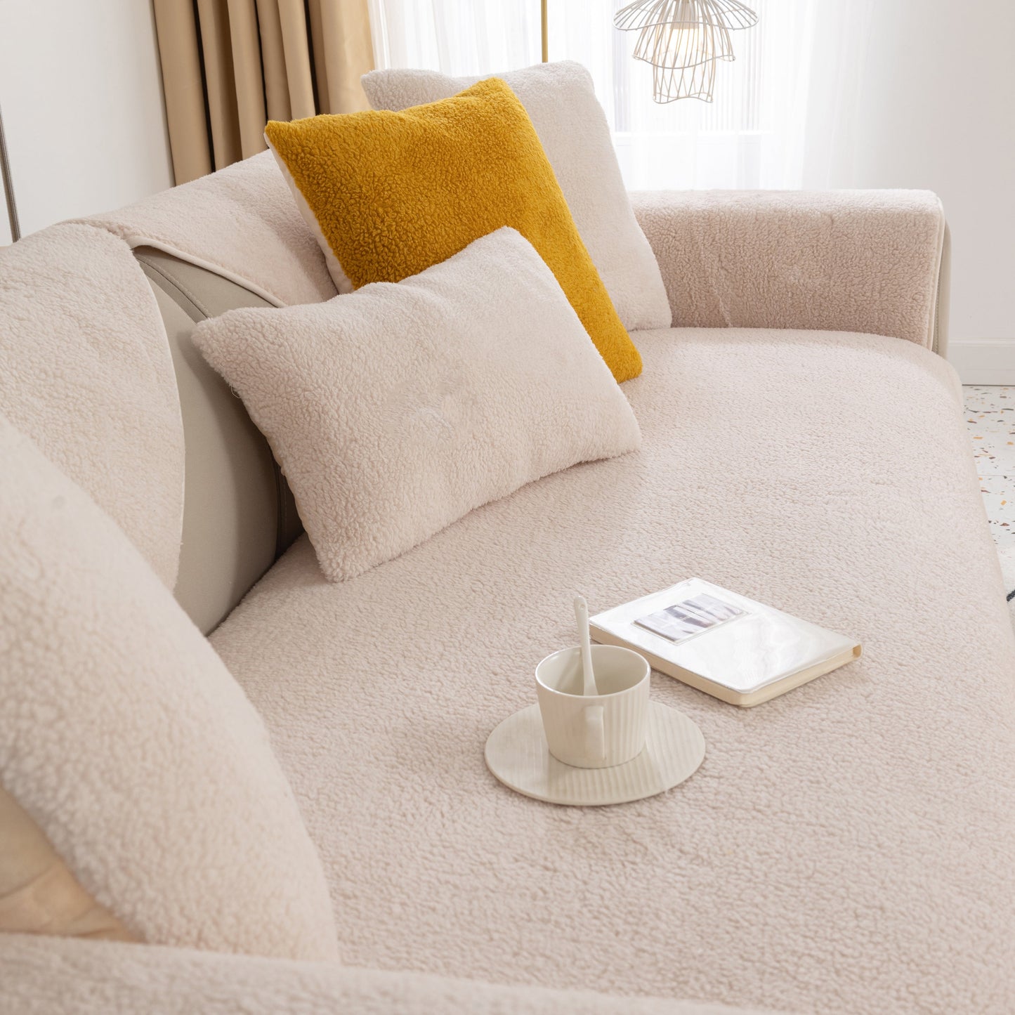 Luxury Sherpa Fleece Solid Sofa Towels Thickened Plush Non Slip Sofa Cushion Covers on a cozy sofa setup