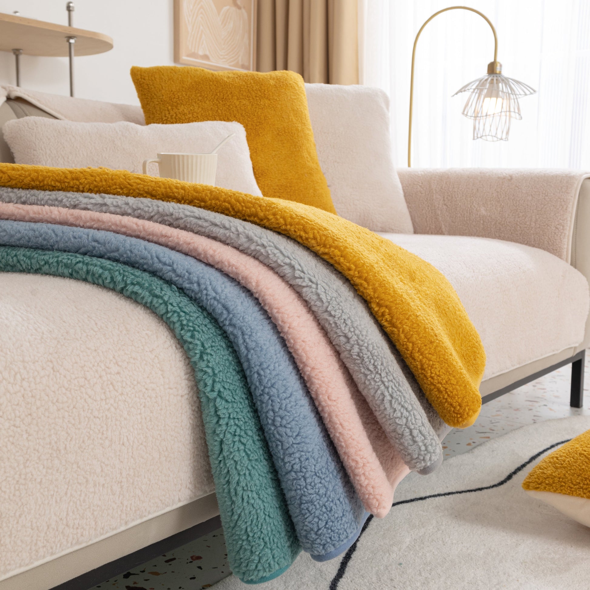 Luxury Sherpa Fleece Solid Sofa Towels Thickened Plush Non Slip Sofa Cushion Covers in assorted colors on sofa
