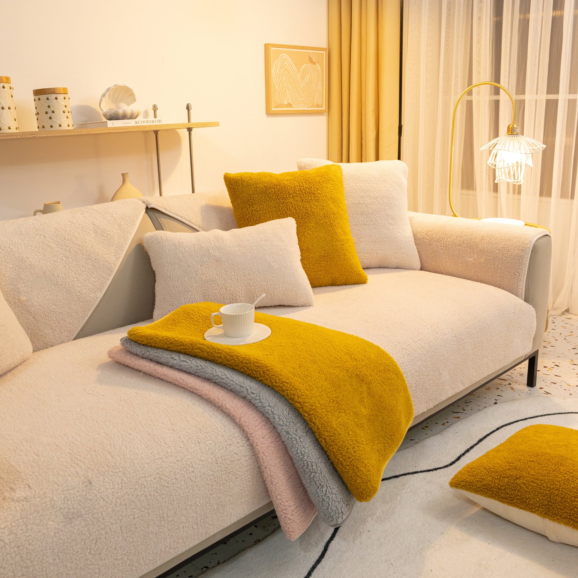 Luxury Sherpa Fleece Solid Sofa Towels Thickened Plush Non Slip Sofa Cushion Covers in a cozy living room setting