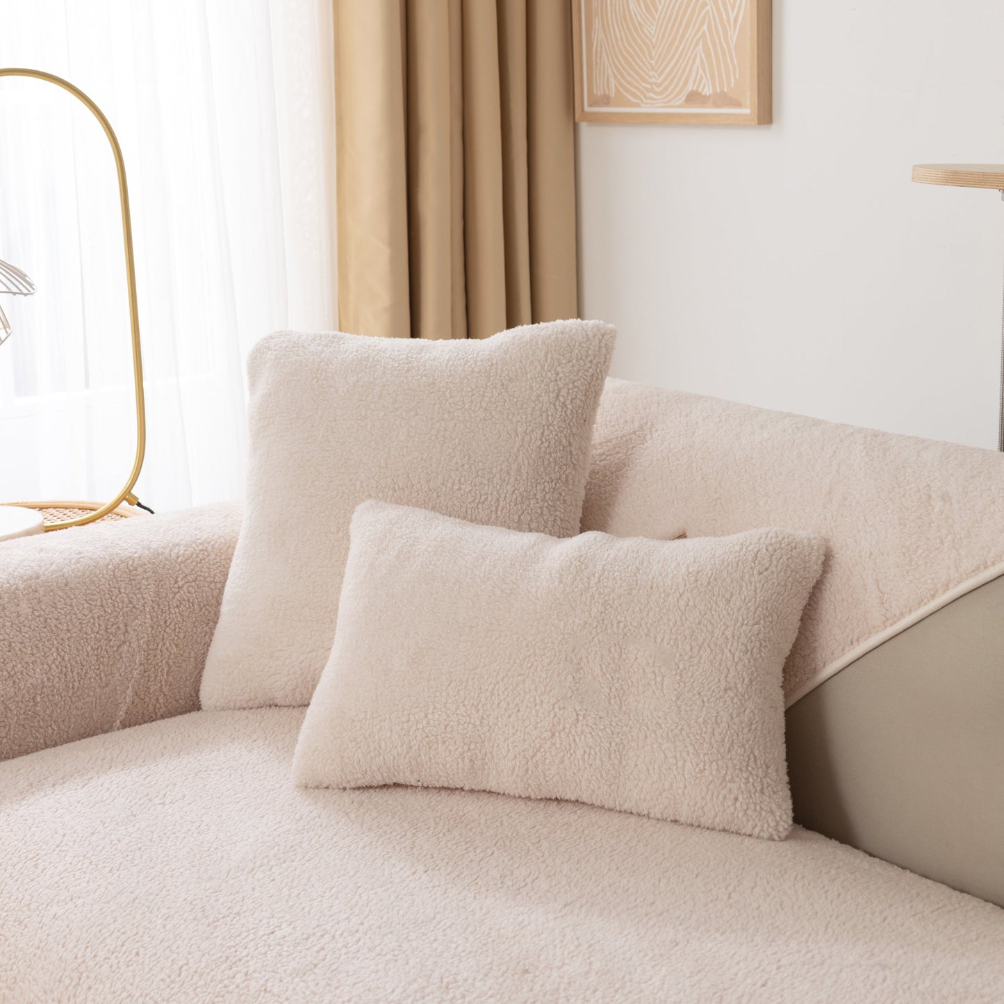 Luxury Sherpa Fleece Solid Sofa Towels Thickened Plush Non Slip Sofa Cushion Covers providing cozy elegance to a stylish sofa