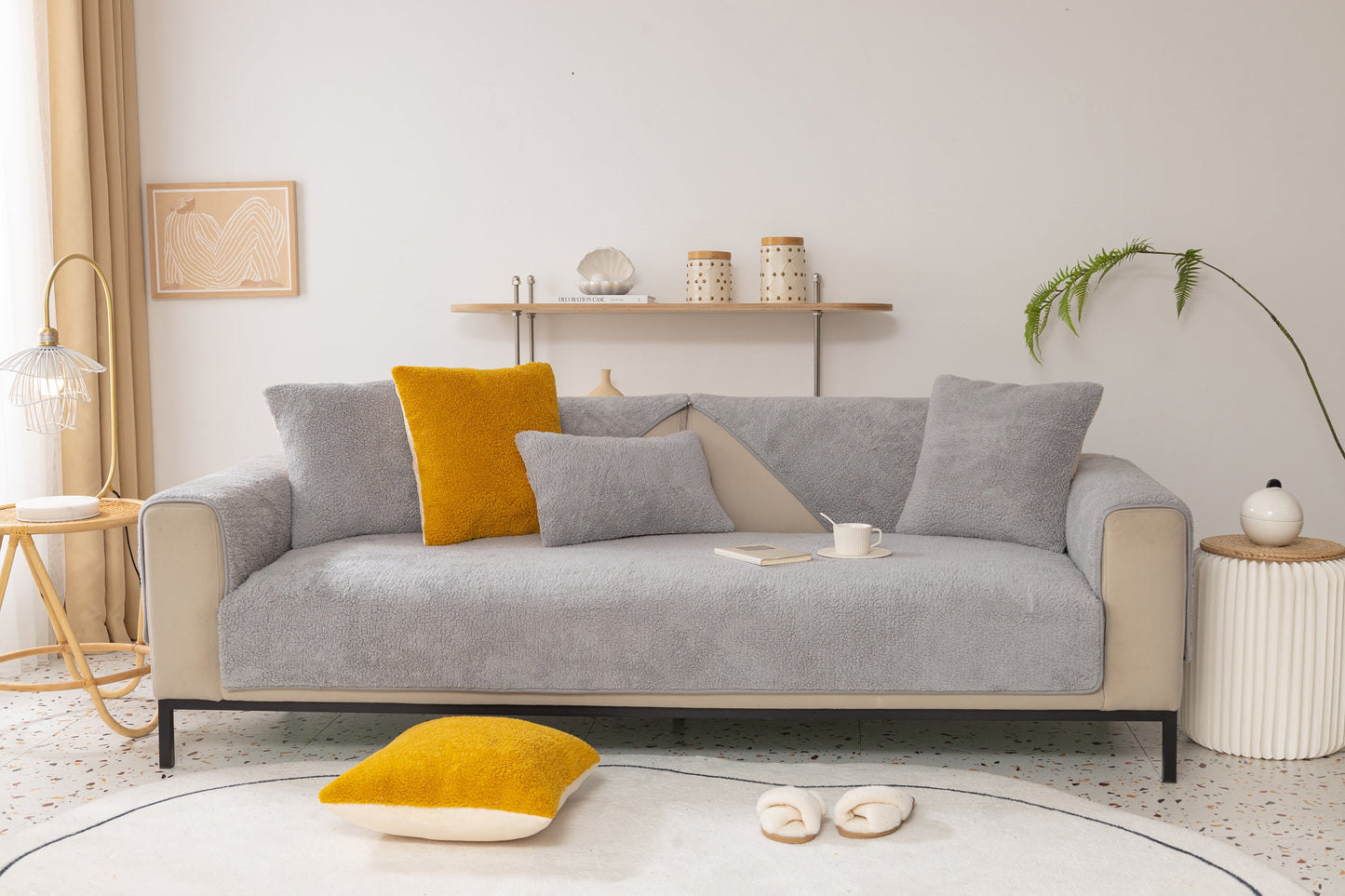 Modern living room with Luxury Sherpa Fleece Solid Sofa Towels Thickened Plush Non Slip Sofa Cushion Covers in grey on the sofa.