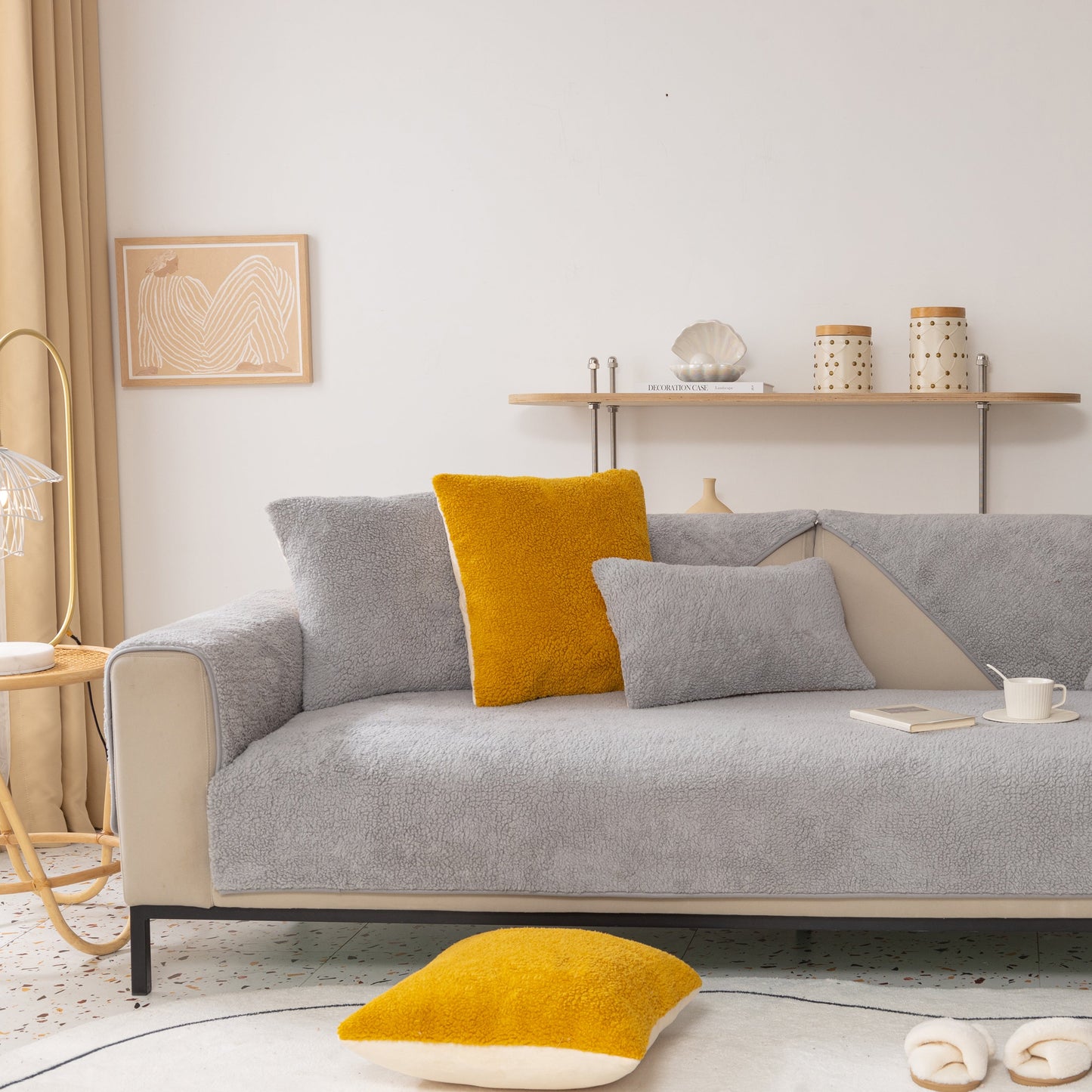 Luxury Sherpa Fleece Solid Sofa Towels Thickened Plush Non Slip Sofa Cushion Covers on grey couch with yellow pillows