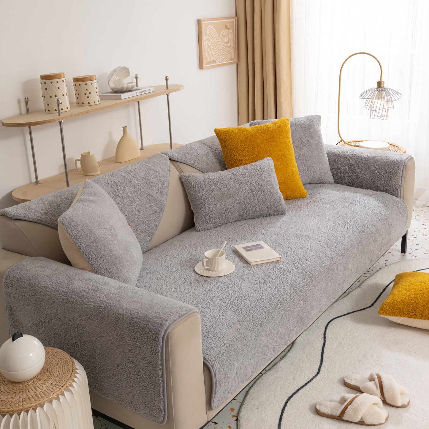 Luxury Sherpa Fleece Solid Sofa Towels Thickened Plush Non Slip Sofa Cushion Covers on a modern grey sofa with yellow pillows